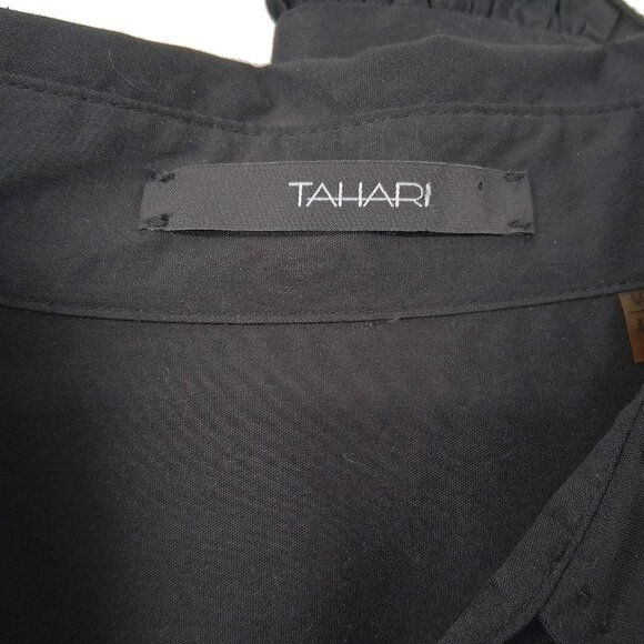 Tahari Black Button Front Shirt French Cuffs Pick Stitch Tailored Stretch SZ M - Picture 13 of 13
